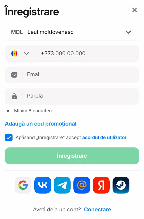 Formular de înregistrare 1Win Moldova — selectarea valutei MDL, câmpuri pentru telefon, email, parolă și cod promoțional