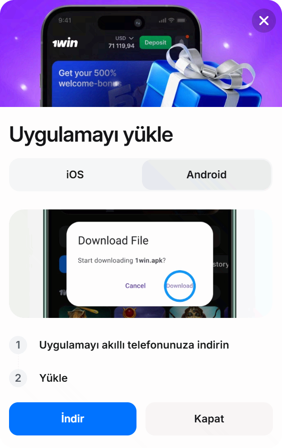 1Win Android APK indir — resmi siteden ücretsiz kurulum