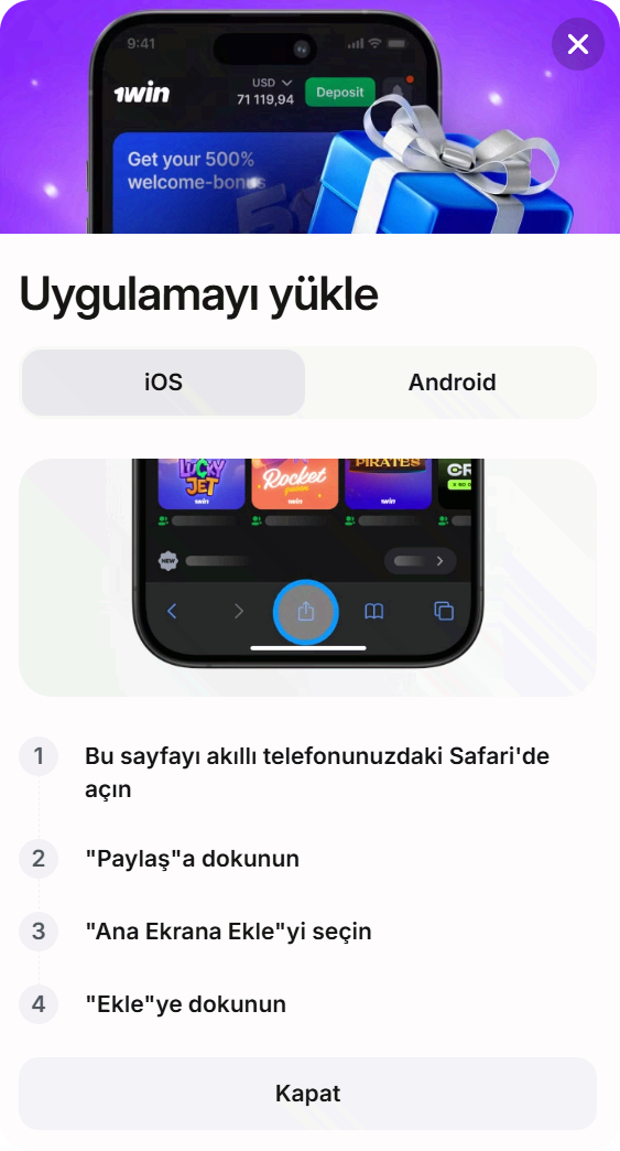 1Win iPhone iOS yükle — Safari üzerinden ana ekrana ekleme adımları